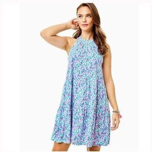 Lilly Pulitzer Jerrica  Pink Blue Printed Ruffle Halter Dress Cotton Medium NEW